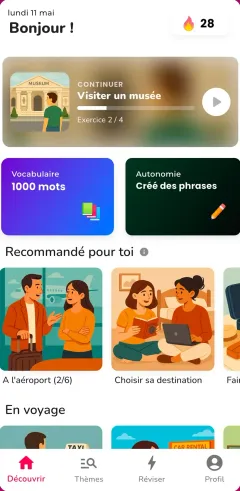 Écran d'accueil de l'app avec les leçons recommandées